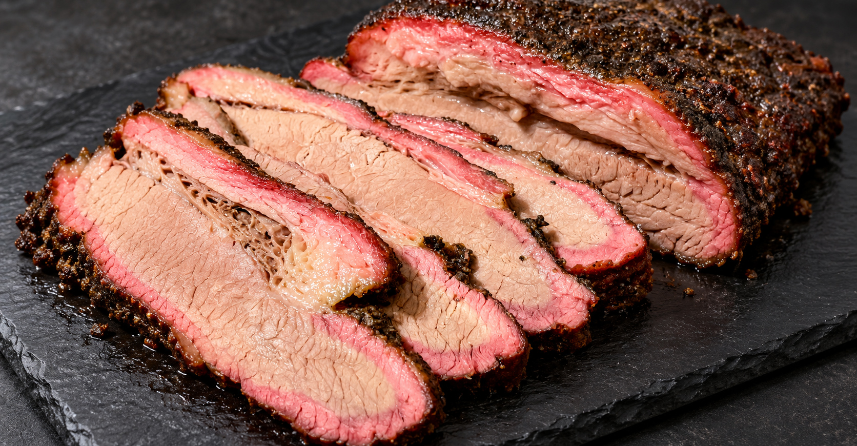 Aufgeschnittenes Beef Brisket mit dunkler Kruste, rosa Rauchring und sichtbaren Fleischfasern auf einer schwarzen Steinplatte